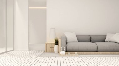 Ev veya daire beyaz tonda oturma alanı-Otelde oturma odası Asya tarzı-Iç basit tasarım-3D Rendering