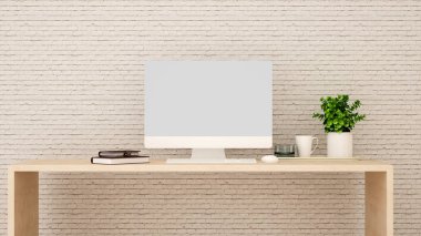 Evde veya otelde çalışma odası ve tuğla duvar süslemeleri-ofis veya daire Işyeri-3D Rendering