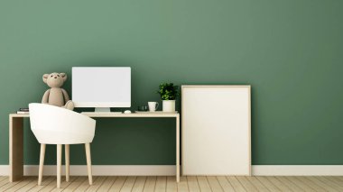 Sanat çocuk odası veya ofis için çalışma odası ve çerçeve resmi-ofis veya daire yeşil ton üzerinde çalışma-3D Rendering