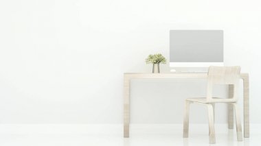 Evde veya otelde beyaz tonda çalışma odası-ofis veya daire beyaz arka planda çalışma-3D Rendering