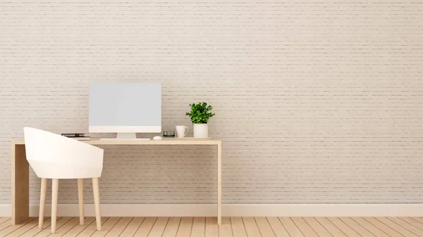 Study room or workplace and white brick wall decorate in bedroom