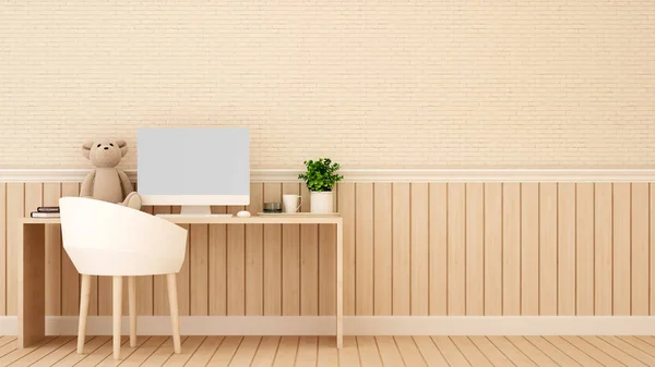 Sala de estudio o lugar de trabajo y pared de madera decorar en el dormitorio - Área de estudio de habitación para niños en el hogar o apartamento - Representación 3D — Foto de Stock
