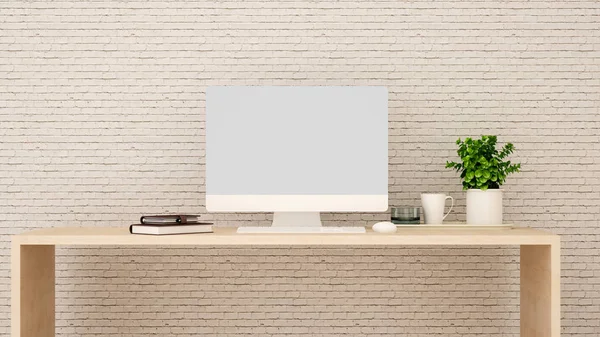 Evde veya otelde çalışma odası ve tuğla duvar süslemeleri-ofis veya daire Işyeri-3D Rendering