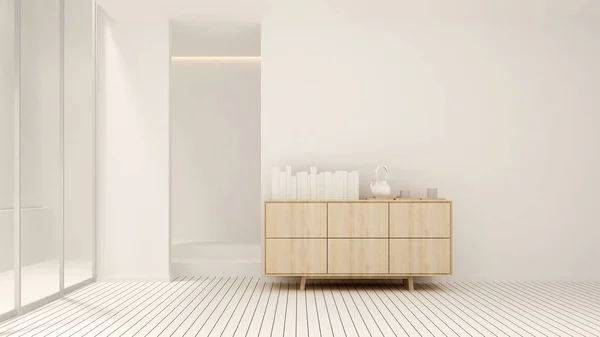 Živá plocha v bílém tónu doma nebo v bytě-obývací pokoj Asie styl-vnitřní jednoduchý design-prostorové vykreslování — Stock fotografie