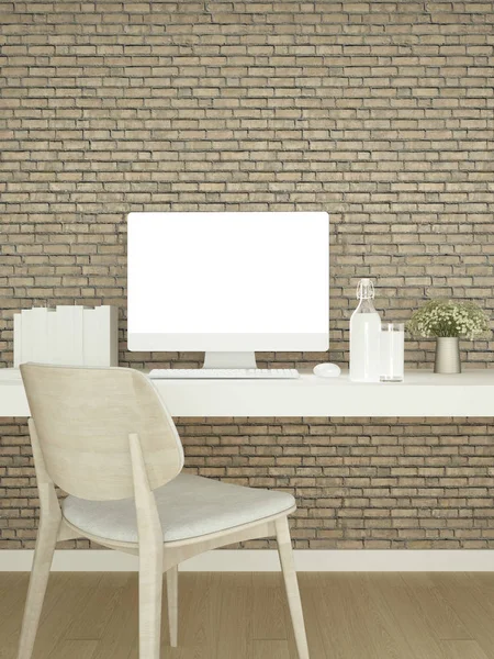 Sala de estudo de madeira e parede de tijolo decorar para obras de arte - Área de estudo ou local de trabalho em casa ou apartamento, IInterior design simples 3D Rendering — Fotografia de Stock