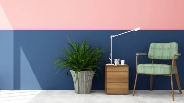 Oturma odasında koyu mavi duvarı ve pembe duvarı olan yeşil sandalye - sanat eserleri konut işinin tasarım odası - ev ya da otel için basit tasarım - 3D Illustration