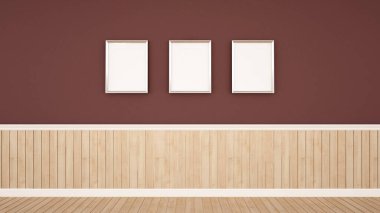 Resim çerçevesi kırmızı kahverengi duvarda ahşap duvar ve ahşap zemin dekorasyon odası - boş oda ve resim çerçevesi uzay tasarımı üzerine çizimler eklemek için - 3D İllüstrasyon
