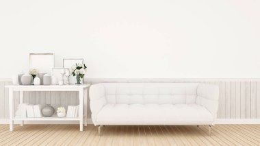 Sanat eserleri için beyaz tonda oturma odası dekorasyonu - beyaz kanepe ve dekorasyon beyaz oda sanat eserleri ile dekorasyon - iç mekan klasiği - 3D