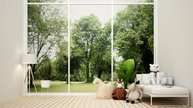 Evde çocuk odası ve doğa manzarası - Evdeki oturma odası ve evdeki hayvan oyuncağı ya da apartman manzaralı arka plan çayırı ve ormanı - iç mekan basit tasarım - 3D