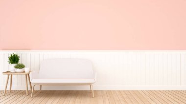 Beyaz ve pembe tonda oturma odası ya da kafeterya - oturma alanı ve çalışma alanı - 3 boyutlu illüstrasyon