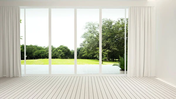 White empty room design for artwork. White room and forest view for residential business. Interior simple design. 3D Rendering