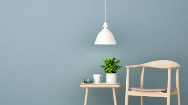 Evdeki ya da mavi duvardaki dairedeki yaşam alanı - Kafedeki ya da restorandaki dinlenme alanı - 3D Görüntü