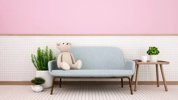 Woon Kinderkamer Witte Keramische Wand Roze Muurdecoratie Teddybeer Blauwe Bank — Stockfoto