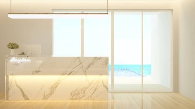 Otel ya da ofis için tezgah tasarımı ve yüzme havuzu manzarası - Lobi oteli ya da Bina çalışması için bilgi tasarımı - 3d