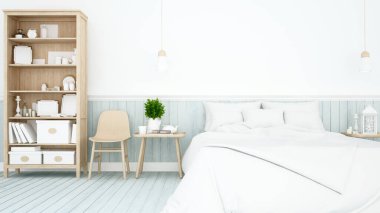 Yatak odası ve yaşam alanı açık mavi ahşap süsleme Apartman veya ev - İç mimari için basit tasarım - 3D