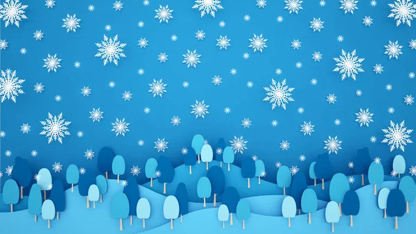 Snöflinga Och Skog Berget Blå Himmel Bakgrund Konstverk För Jul Royaltyfria Stockfoton