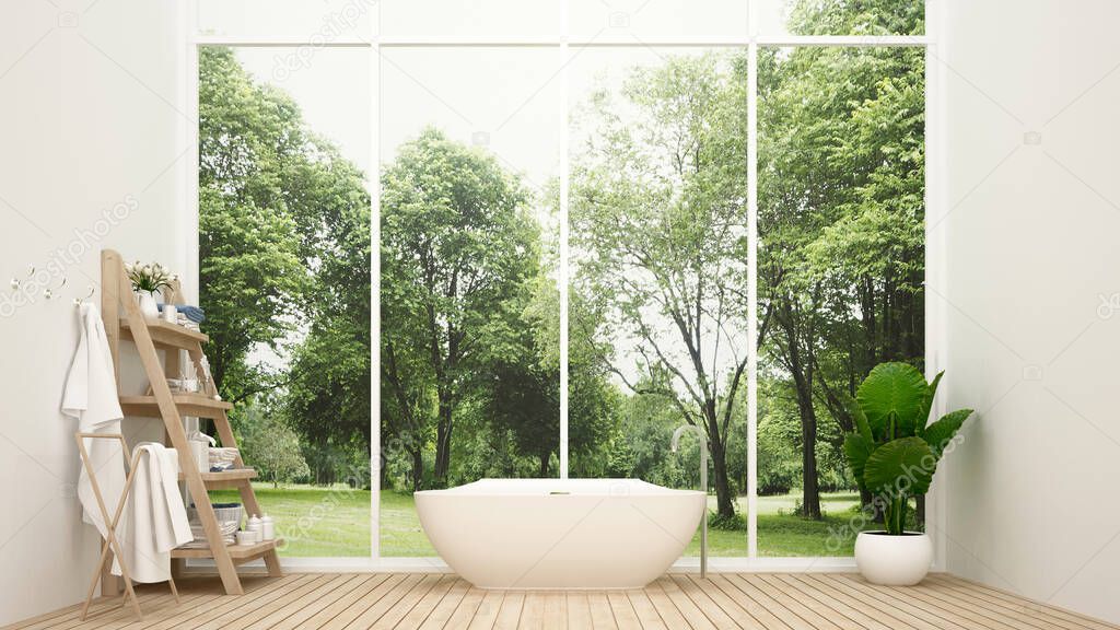 Bathroom or spa design and forest view in hotel or home - Buthtub with decoration set on wood terrace and nature view background - 3D Illustration