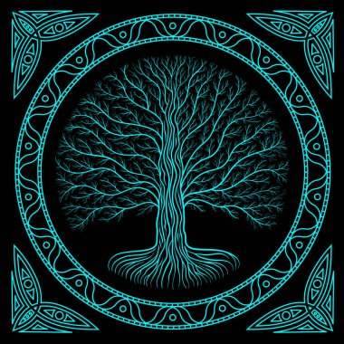 Druidic Yggdrasil tree at night, round silhouette, black and blue vector logo. Gothic ancient book style clipart
