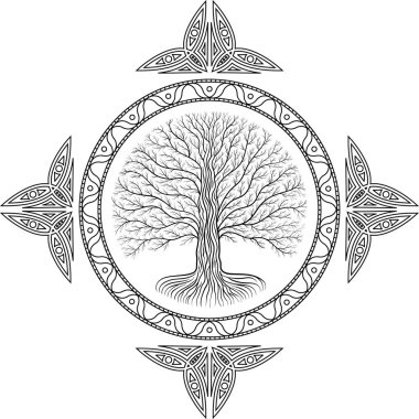 Druidic Yggdrasil tree, round black and white gothic logo. ancient book style. clipart