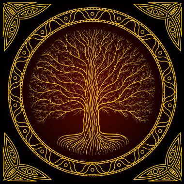 İblisle Yggdrasil ağaç, karanlık Gotik logo yuvarlak. Antik kitap stili.