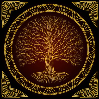 Druidic Yggdrasil tree, round dark gothic logo. ancient book style. clipart
