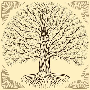 Gece, yuvarlak siluet, krem ve kahverengi vektör logosu iblisle Yggdrasil ağaca. Gotik antik kitap stili