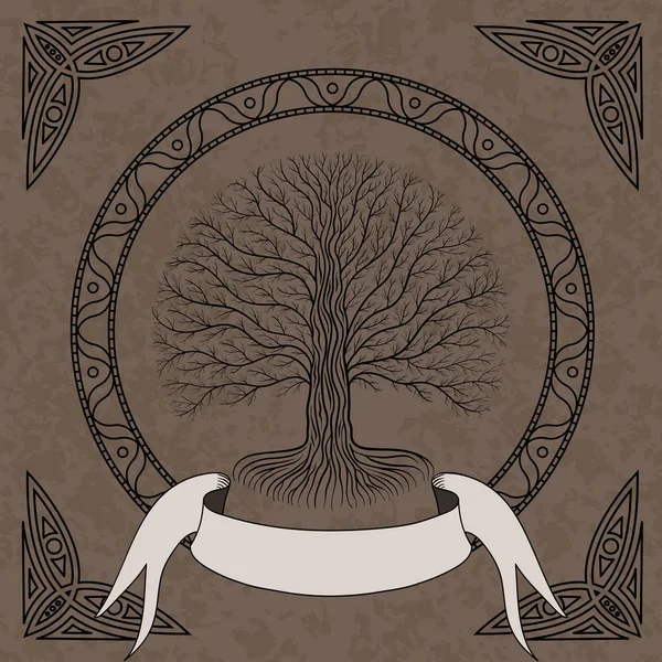 Copac Druidic Yggdrasil Timp Noapte Siluetă Rotundă Cremă Logo Grunge — Vector de stoc