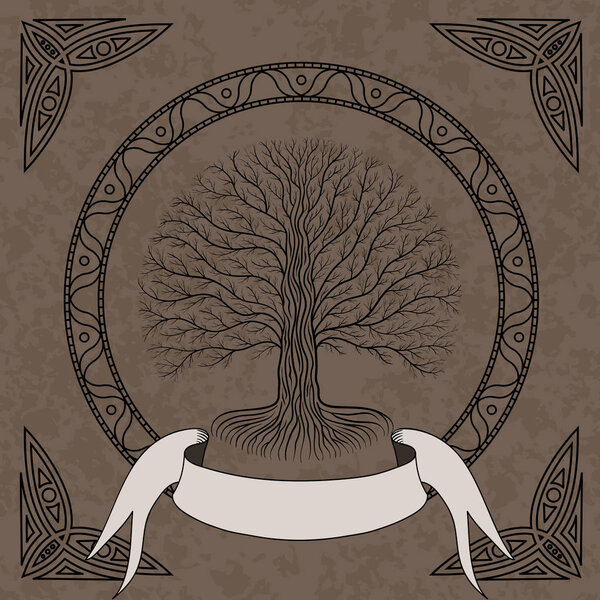 Druidic Yggdrasil tree at night, round silhouette, cream and brown grunge logo. Gothic ancient book style, vector image