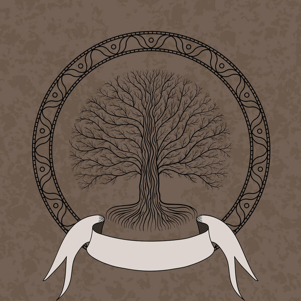 Druidic Yggdrasil tree at night, round silhouette, cream and brown grunge logo. Gothic ancient book style, vector image