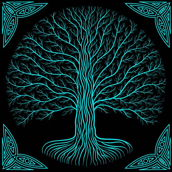 Druidic Yggdrasil Árbol Por Noche Silueta Redonda Negro Azul Logotipo — Archivo Imágenes Vectoriales