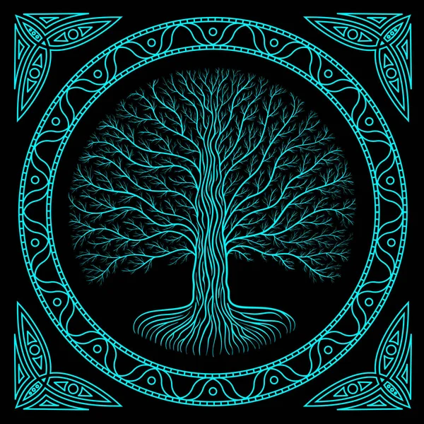 Arborele Druidic Yggdrasil Timp Noapte Silueta Rotundă Logo Vectorial Negru — Vector de stoc