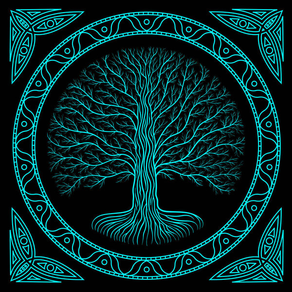 Druidic Yggdrasil tree at night, round silhouette, black and blue vector logo. Gothic ancient book style