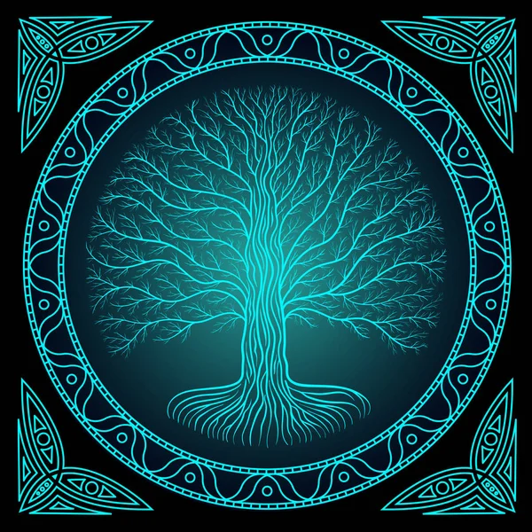 Druidique Yggdrasil Arbre Nuit Silhouette Ronde Logo Vectoriel Noir Bleu — Image vectorielle