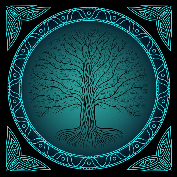 Druidique Yggdrasil Arbre Nuit Silhouette Ronde Logo Vectoriel Noir Bleu — Image vectorielle