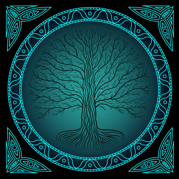 Druidic Yggdrasil tree at night, round silhouette, black and blue vector logo. Gothic ancient book style