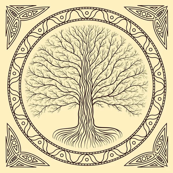 Gece, yuvarlak siluet, krem ve kahverengi vektör logosu iblisle Yggdrasil ağaca. Gotik antik kitap stili