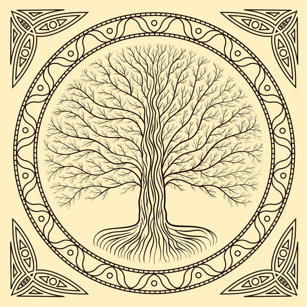 Druidic Yggdrasil tree at night, round silhouette, cream and brown vector logo. Gothic ancient book style