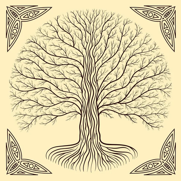 Druidic Yggdrasil Tree Night Silhouette Cream Brown Vector Logo Gothic — Stock Vector