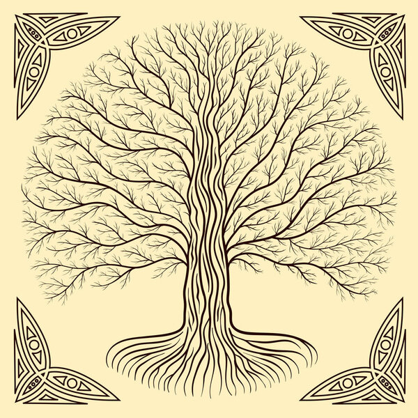 Druidic Yggdrasil tree at night, round silhouette, cream and brown vector logo. Gothic ancient book style