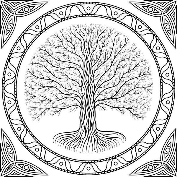 Druidic Yggdrasil tree, round black and white gothic logo. ancient book style.