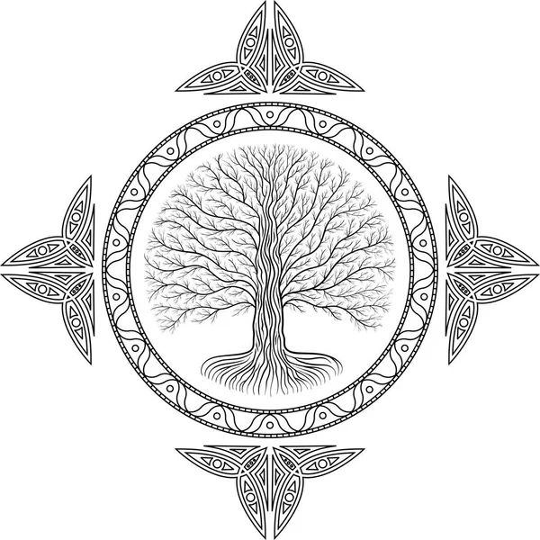 İblisle Yggdrasil ağacı, siyah ve beyaz Gotik logo yuvarlak. Antik kitap stili.