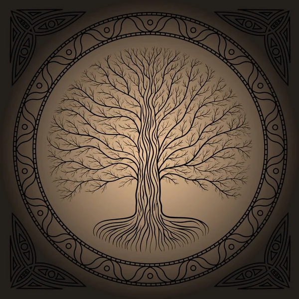 Árbol Druida Yggdrasil Por Noche Silueta Redonda Crema Logo Vector — Archivo Imágenes Vectoriales