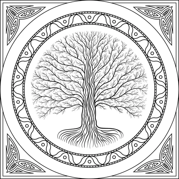 İblisle Yggdrasil ağacı, siyah ve beyaz Gotik logo yuvarlak. Antik kitap stili.