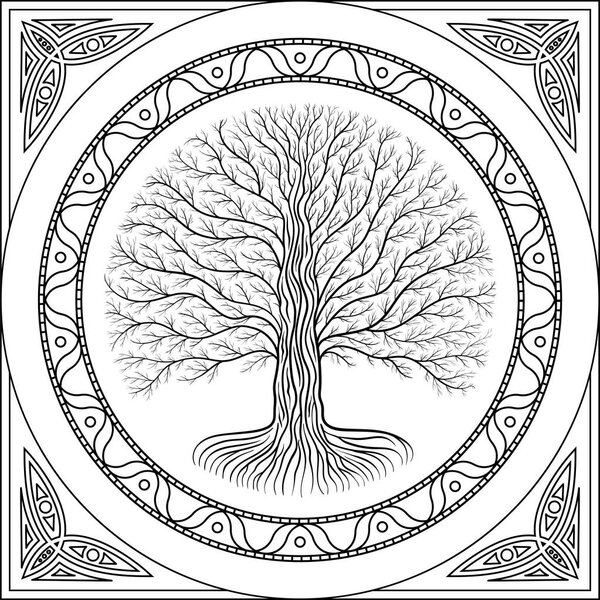 Druidic Yggdrasil tree, round black and white gothic logo. ancient book style.