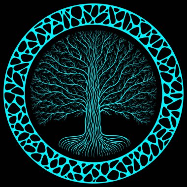 Gece, yuvarlak siluet, siyah ve mavi vektör logosu iblisle Yggdrasil ağaca. Gotik antik kitap stili