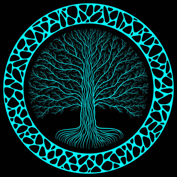 Druidic Yggdrasil tree at night, round silhouette, black and blue vector logo. Gothic ancient book style