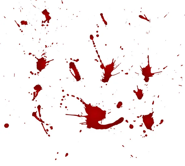 Macchia di sangue disordinata, gocce rosse su sfondo bianco. Illustrazione vettoriale, stile maniaco. Grandi spruzzi — Vettoriale Stock