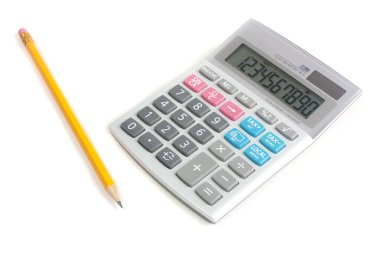 tek kurşun kalem ve beyaz arka plan üzerinde izole bir hesap makinesi