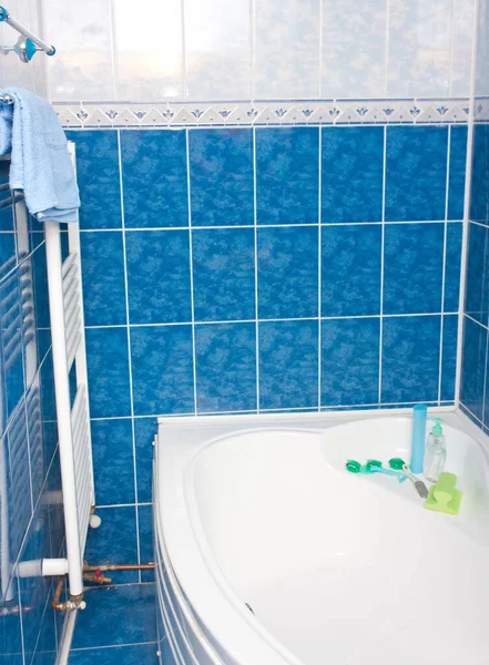 modern banyo mavi çinileri, küvet ve radyatör