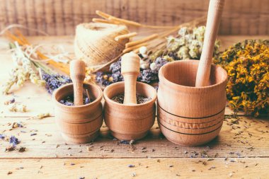 Bitki kuru, lavanta ve harç, iş parçası, koku, ahşap ot kuru, lavanta ve harç, iş parçası, koku, ahşap masa